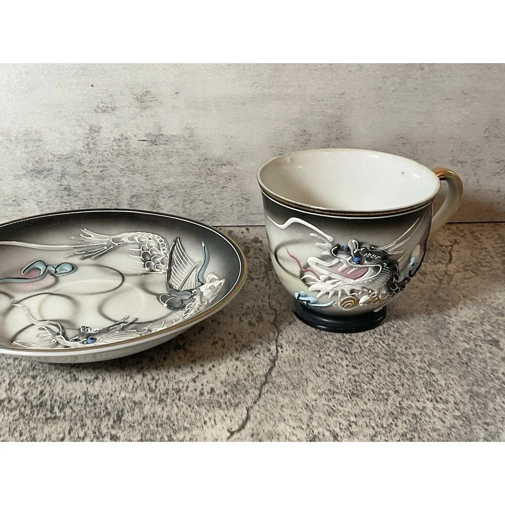 Antique Bone Moriage Raise Oriental Dragon Ware Decorative Espresso Cup & Saucer